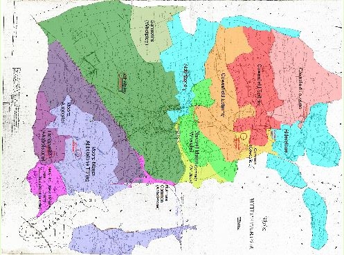 Map showing the four tithings and eight manors