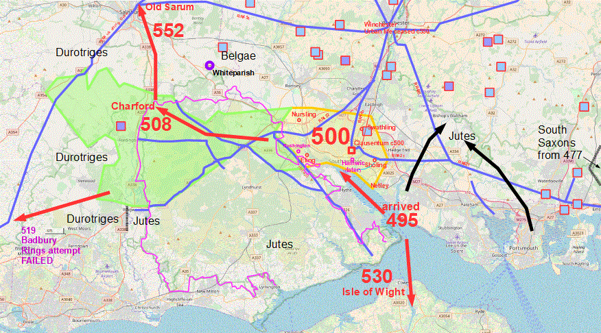 Map showing extent of Wessex in 500 and 508